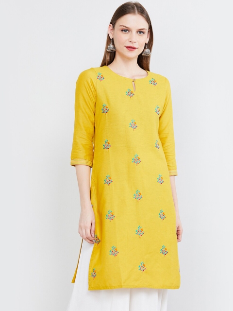 

max Women Mustard Yellow & Pink Floral Embroidered Straight Kurta