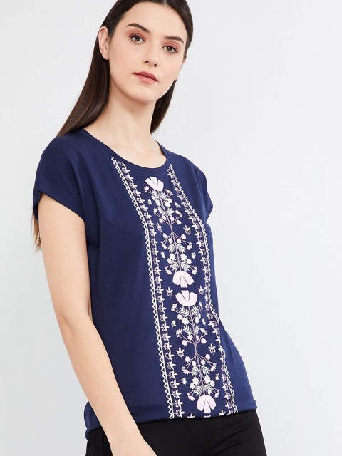 

max Women Navy Blue Printed Round Neck T-shirt