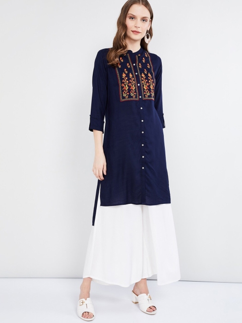 

max Women Navy Blue & Yellow Yoke Design Straight Kurta
