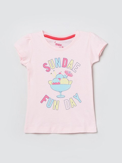 

max Girls Pink Printed Knitted A-Line Pure Cotton Top