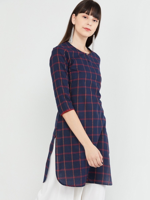 

max Women Blue Checked Straight Kurta