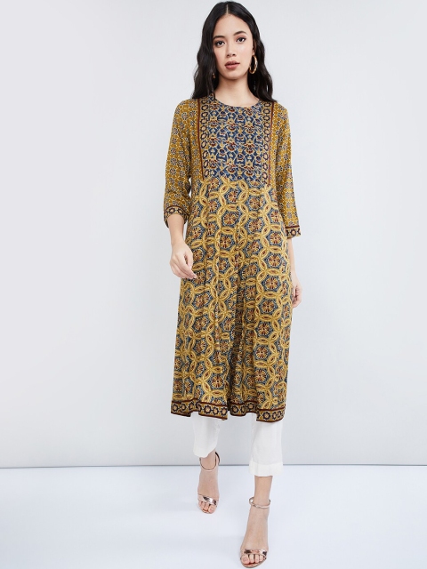 

max Women Mustard Yellow & Navy Blue Printed A-Line Kurta