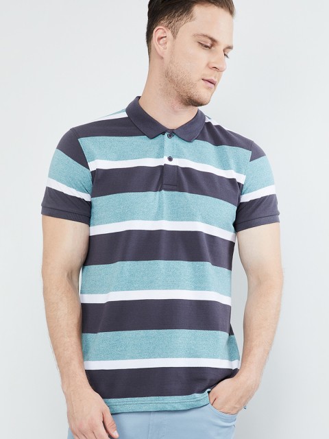 

max Men Blue & Grey Striped Polo Collar T-shirt