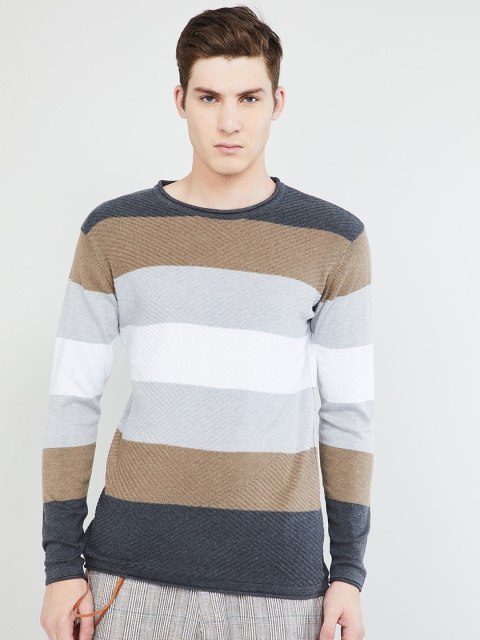 

max Men Grey Melange & White Striped Pullover Sweater