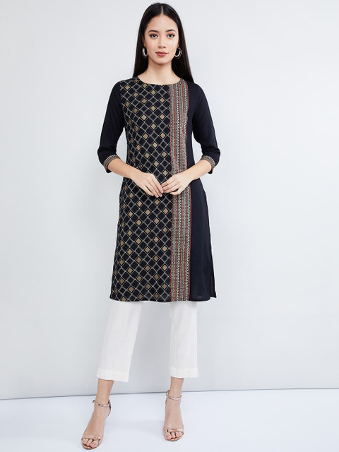 

max Women Navy Blue & Beige Printed Straight Kurta