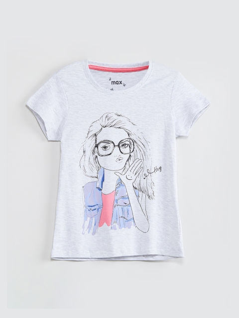 

max Girls Grey & Blue Printed Round Neck T-shirt