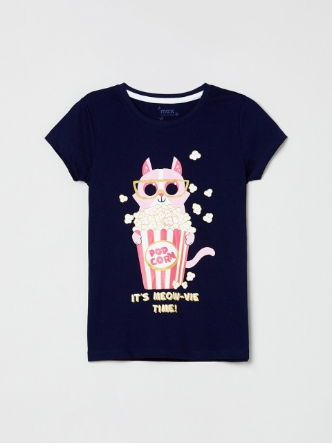 max Girls Navy Pink Blue Printed Round Neck T-shirt, Navy blue