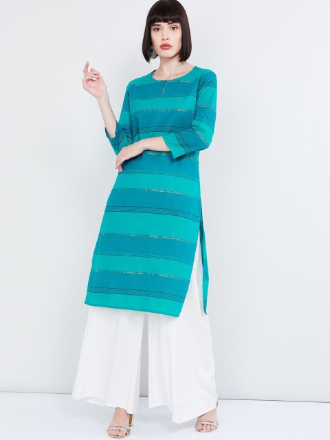 

max Women Turquoise Blue & Sea Green Striped Straight Kurta