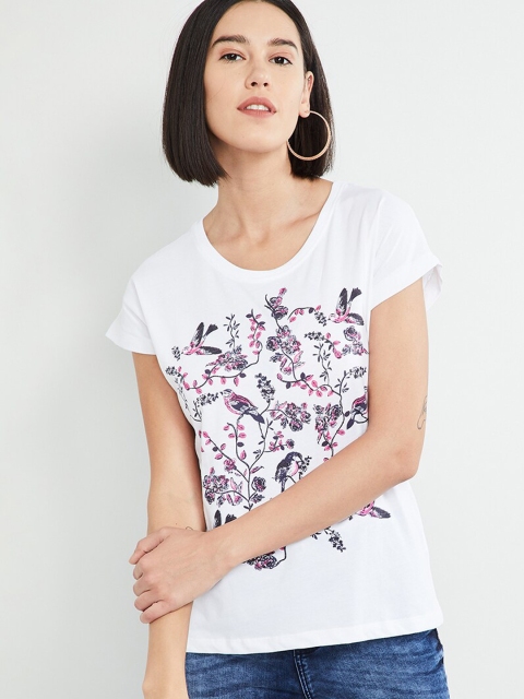 

max Women White Printed Round Neck T-shirt