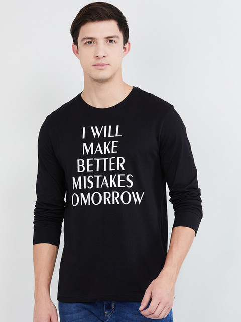 

max Men Black Printed Round Neck T-shirt