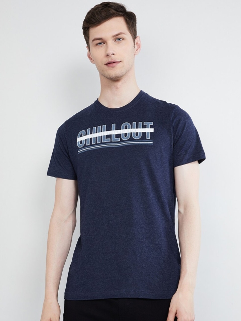 

max Men Navy Blue Printed Round Neck T-shirt