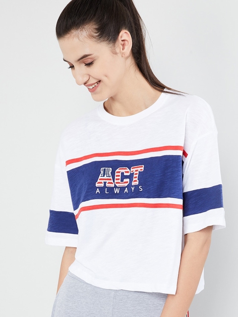 

max Women White & Blue Printed Round Neck T-shirt