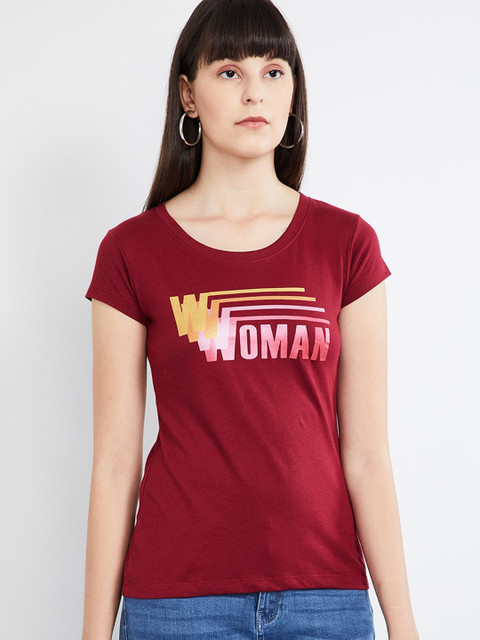 

max Women Maroon Printed Round Neck T-shirt