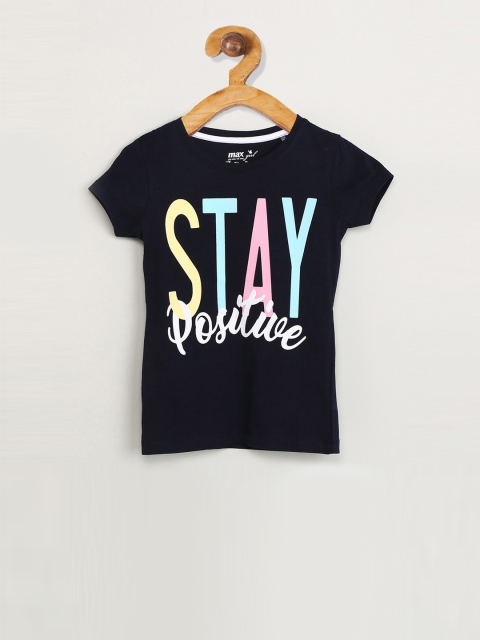 

max Girls Navy Blue Printed Round Neck T-shirt