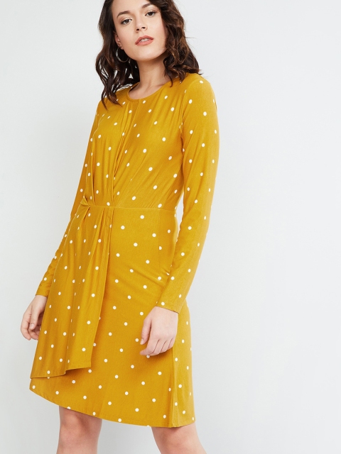 max Women Mustard Yellow & White Polka Dots Print Fit and Flare Dress
