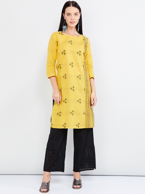 

max Women Mustard Yellow Striped Straight Kurta