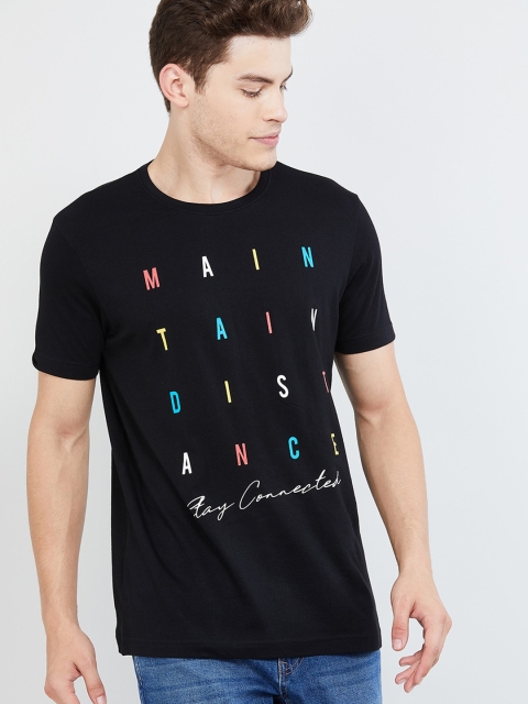 

max Men Black Printed Round Neck T-shirt