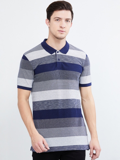 

max Men Navy Blue & Grey Striped Polo Collar T-shirt