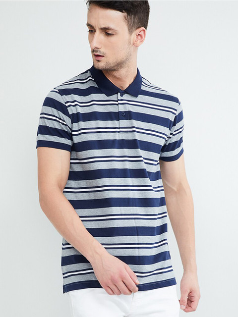 

max Men Blue Striped Polo Collar T-shirt