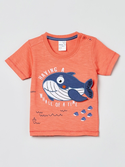 

max Boys Coral Orange Printed Round Neck T-shirt