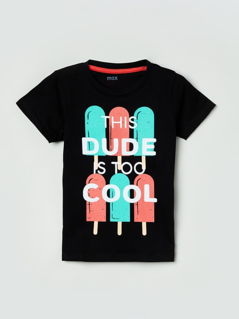 

max Boys Black Printed Round Neck T-shirt