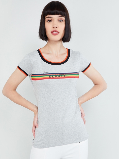

max Women Grey Printed Round Neck T-shirt