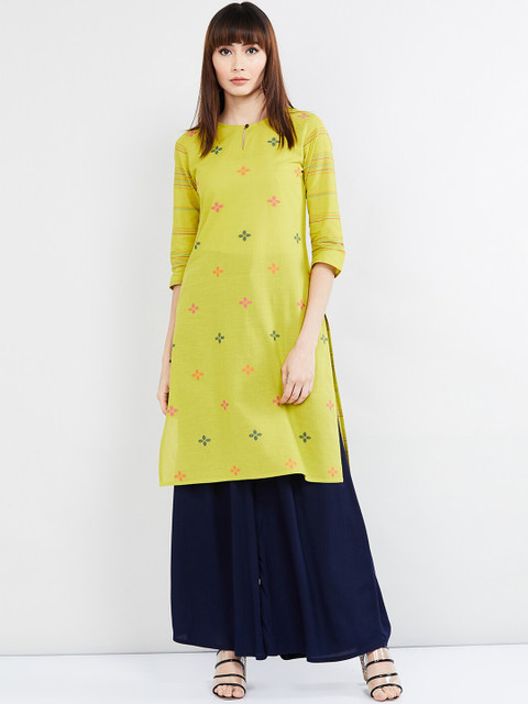 

max Women Lime Green & Pink Printed Straight Kurta