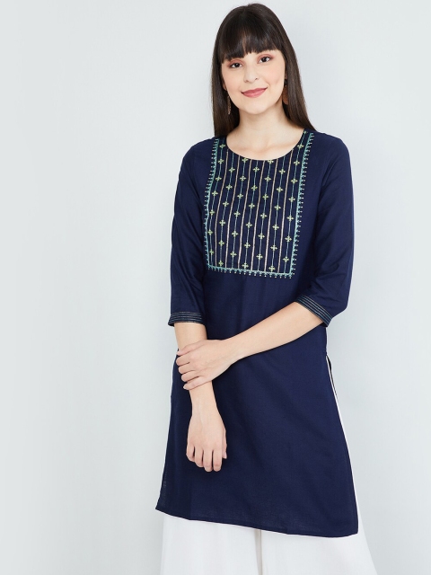 max Women Navy Blue & Lime Green Floral Embroidered Straight Kurta