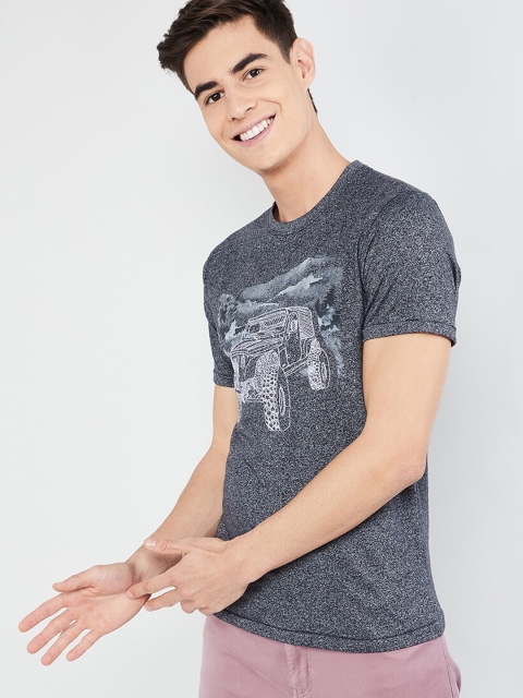 

max Men Grey Printed Round Neck T-shirt