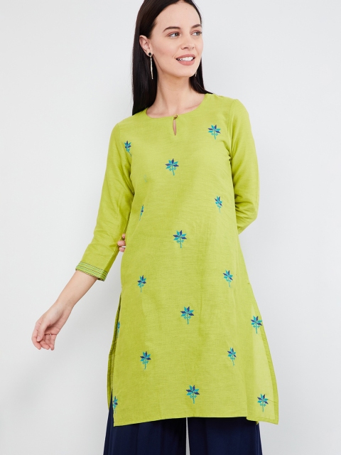 

max Women Lime Green & Blue Embroidered Straight Kurta