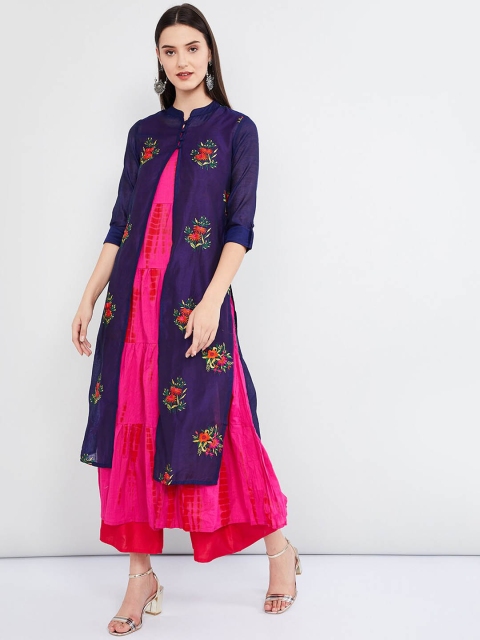 

max Women Pink & Blue Embroidered A-Line Kurta