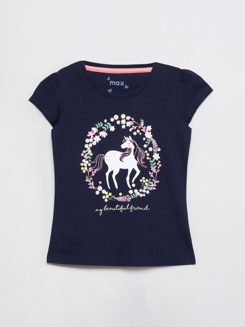 

max Girls Blue Printed Round Neck T-shirt