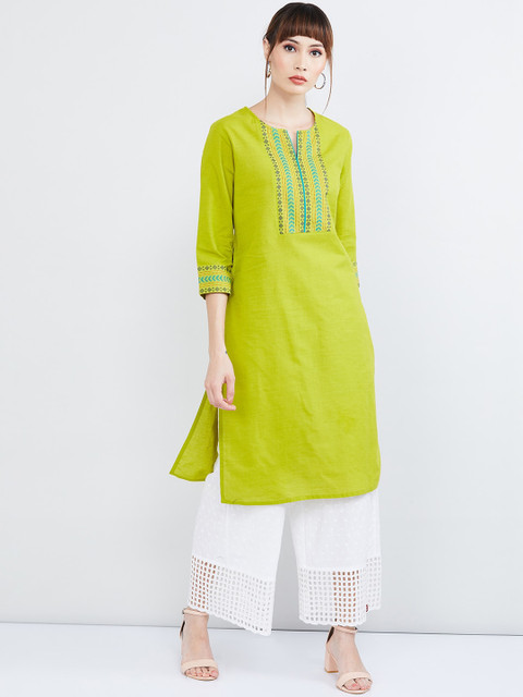 

max Women Lime Green Yoke Design Straight Kurta