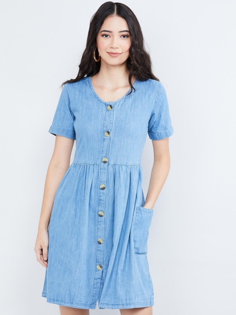 

max Women Blue Solid Denim Fit and Flare Dress