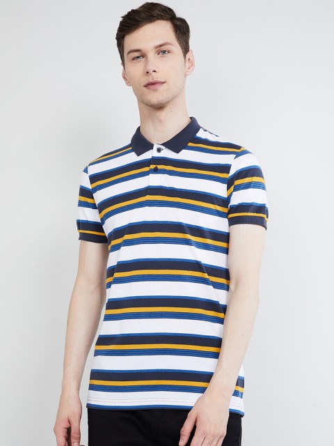 

max Men White & Navy Blue Striped Polo Collar T-shirt