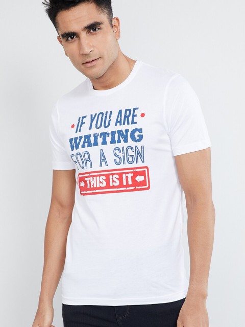 

max Men White Printed Round Neck T-shirt