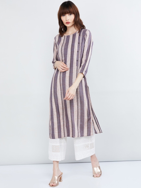 

max Women Beige & Blue Striped Straight Kurta
