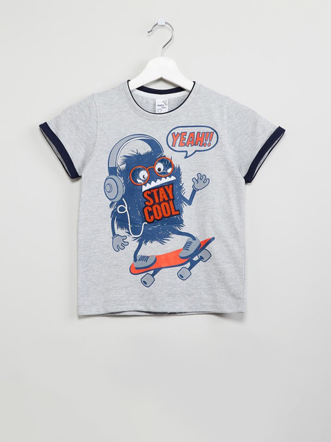 

max Boys Grey & Blue Printed Round Neck T-shirt