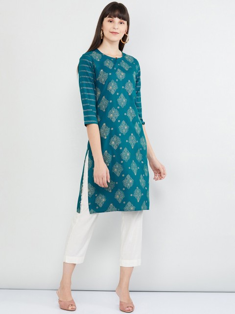 

max Women Teal Blue Printed Straight Kurta