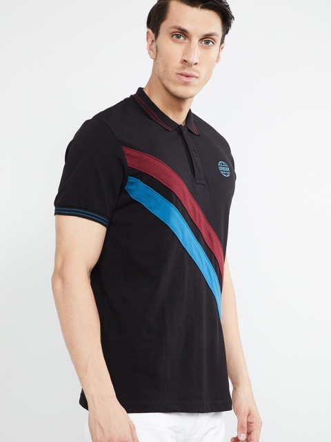 

max Men Black Striped Polo Collar T-shirt