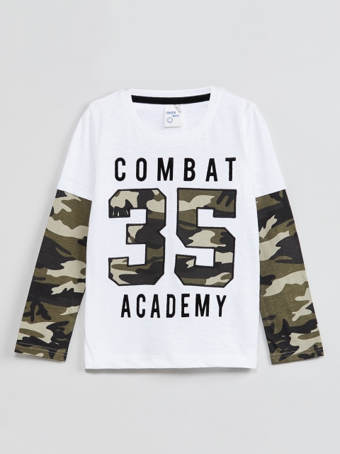 

max Boys White & Olive Green Camouflage Print Doctor Sleeves T-shirt