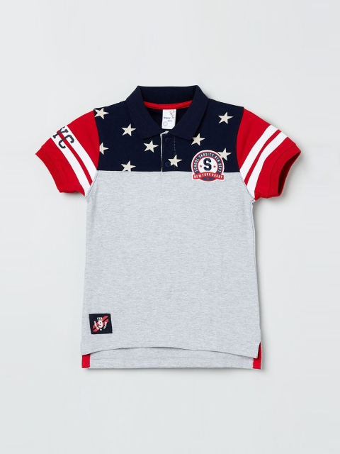 

max Boys Grey & Navy Blue Colourblocked Polo Collar T-shirt