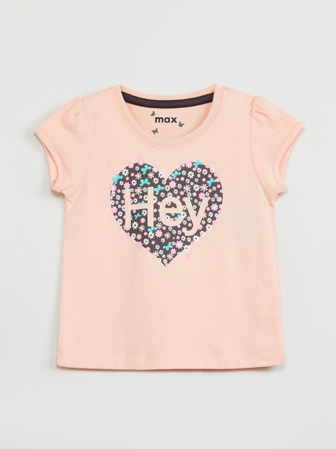 

max Girls Peach-Coloured & Taupe Printed Round Neck T-shirt