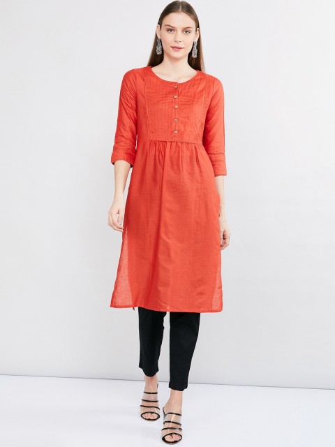

max Women Rust Orange Solid Straight Kurta