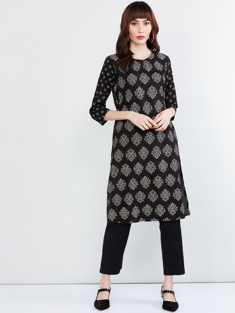 

max Women Black & Off-White Floral Print Straight Kurta