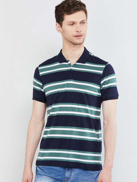 

max Men Navy Blue &Green Striped Polo Collar T-shirt