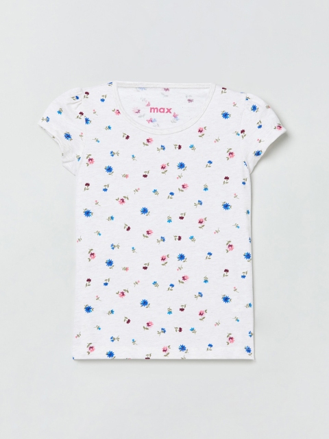 

max Girls White & Blue Floral Printed Round Neck T-shirt