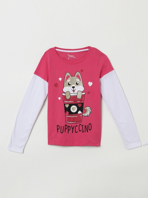 

max Girls Pink & Off-White Printed Round Neck T-shirt