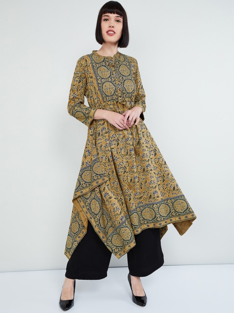 

max Women Mustard Yellow & Blue Printed A-Line Kurta