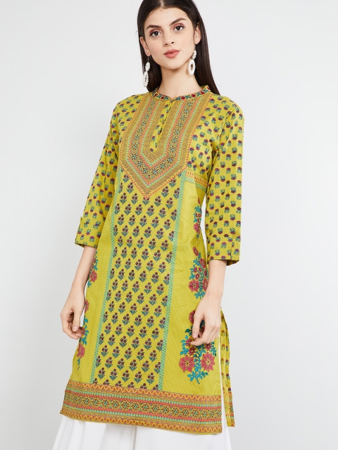 

max Women Lime Green & Blue Floral Print Straight Kurta